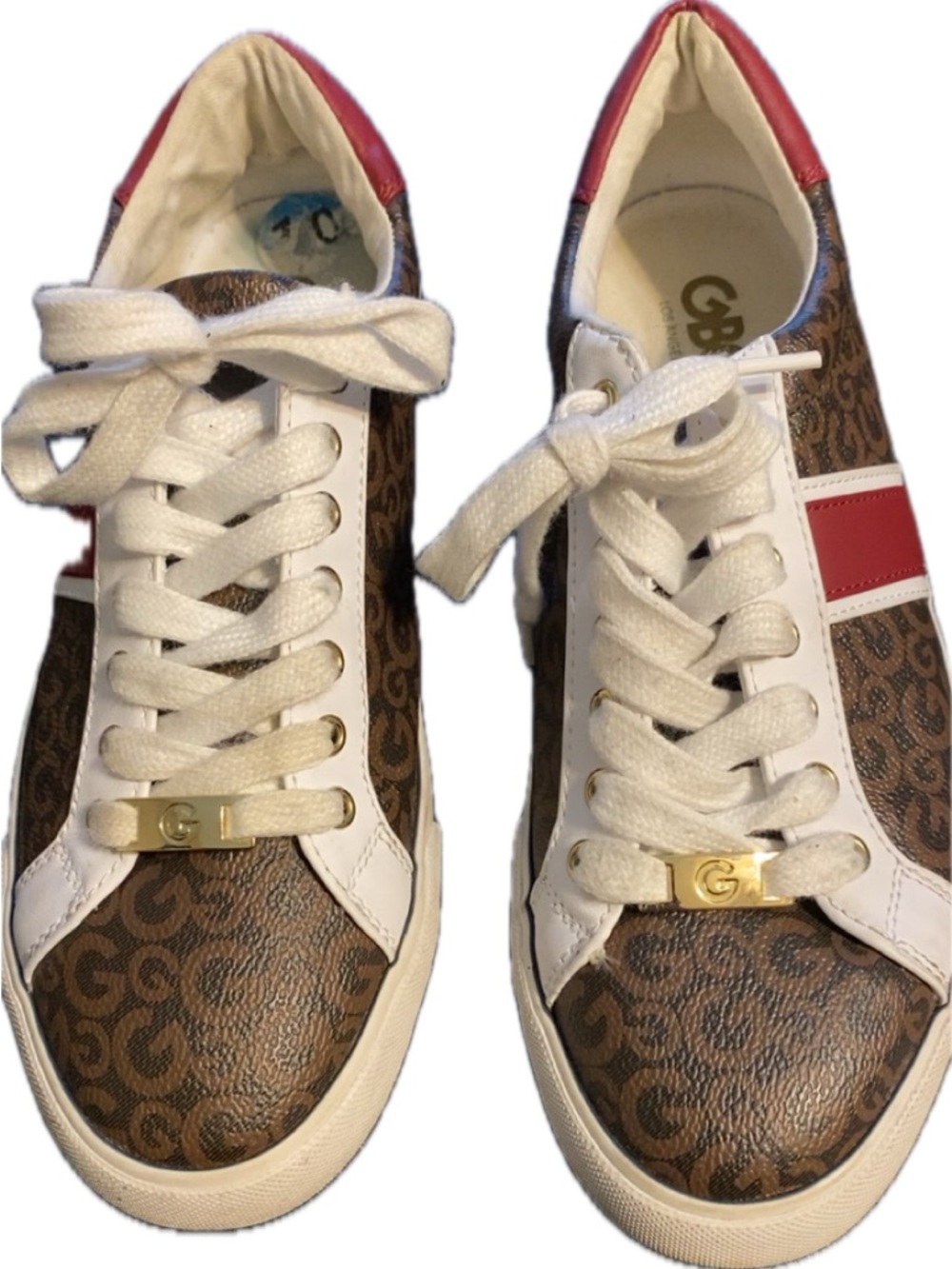 Gianni Bini Brown Monogram Sneakers with White and Red Accents